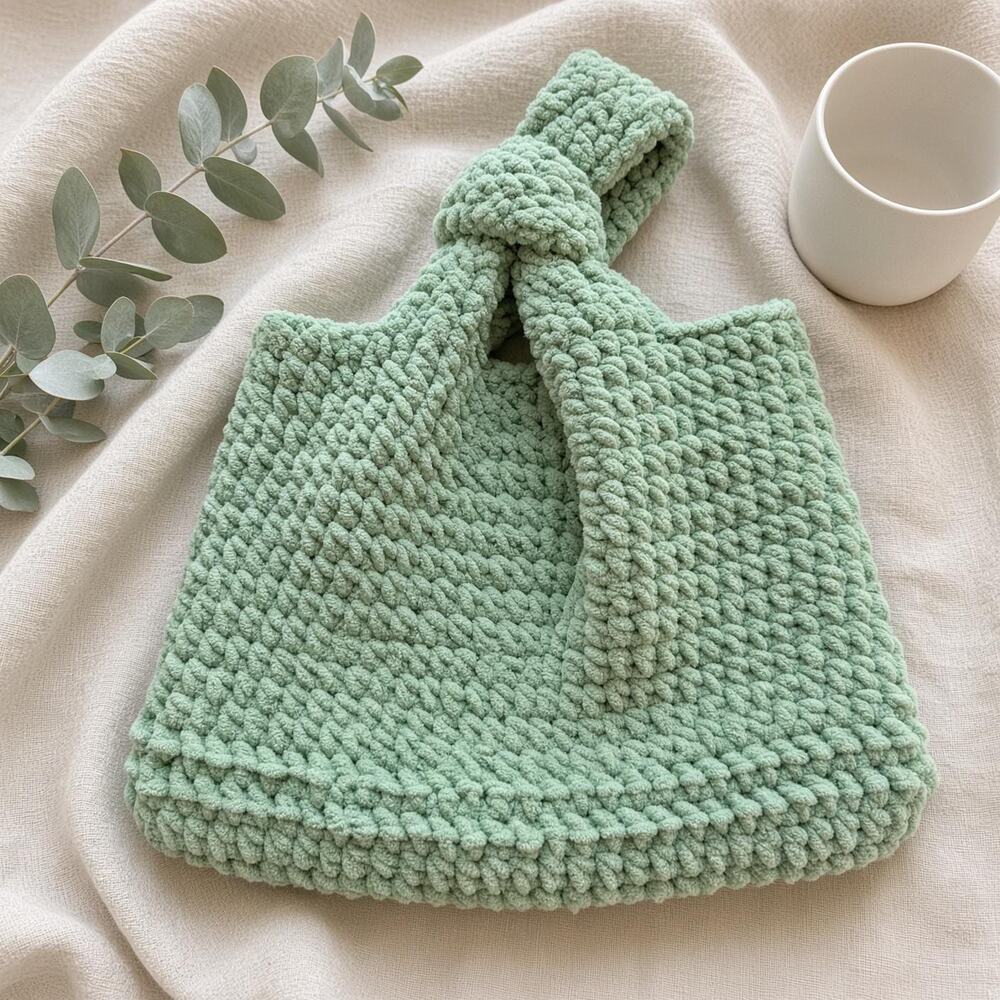 Japanese Knot Bag Crochet Wristlet Handmade - Mint